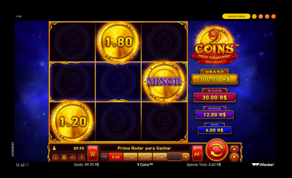 Tela do jogo base com a moeda do jackpot Minor 
